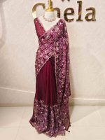 Organza with heavy tread embroidery all over the body and double scalloped border - Image 24