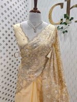 Organza with heavy tread embroidery all over the body and double scalloped border - Image 37