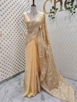 Organza with heavy tread embroidery all over the body and double scalloped border - Image 39