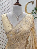 Organza with heavy tread embroidery all over the body and double scalloped border - Image 38