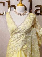 Organza with heavy tread embroidery all over the body and double scalloped border - Image 4