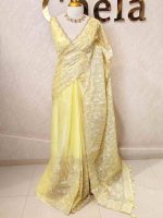 Organza with heavy tread embroidery all over the body and double scalloped border - Image 6