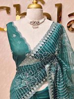 Organza with floral tread embroidery striped pattern and small buti all over the body - Image 2
