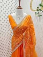 Organza with floral tread embroidery striped pattern and small buti all over the body - Image 7
