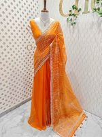 Organza with floral tread embroidery striped pattern and small buti all over the body - Image 9