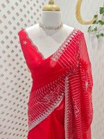 Organza with floral tread embroidery striped pattern and small buti all over the body - Image 10