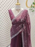 Organza with floral tread embroidery striped pattern and small buti all over the body - Image 16