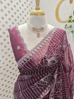 Organza with floral tread embroidery striped pattern and small buti all over the body - Image 17