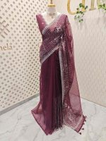 Organza with floral tread embroidery striped pattern and small buti all over the body - Image 18
