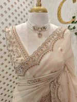 Organza with heavy stone  pearl sequence embroidered scallope border and buti motifs all over the body - Image 5