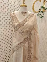 Organza with heavy stone  pearl sequence embroidered scallope border and buti motifs all over the body - Image 4