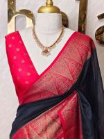 Soft silk with plain body and  leaf motif inside triangle shape motifs on the boarder - Image 20
