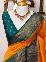 Soft silk with plain body and  leaf motif inside triangle shape motifs on the boarder - Image 26
