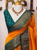 Soft silk with plain body and  leaf motif inside triangle shape motifs on the boarder - Image 25