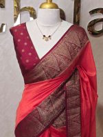 Soft silk with plain body and  leaf motif inside triangle shape motifs on the boarder - Image 28