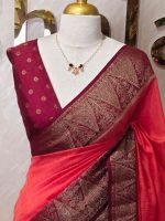 Soft silk with plain body and  leaf motif inside triangle shape motifs on the boarder - Image 29