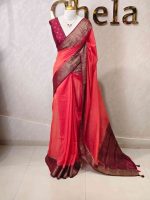 Soft silk with plain body and  leaf motif inside triangle shape motifs on the boarder - Image 30