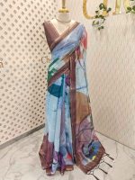 Soft silk with abstract painting-inspired digital prints all over the body and aari embroidery detailing - Image 6