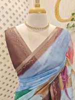 Soft silk with abstract painting-inspired digital prints all over the body and aari embroidery detailing - Image 5