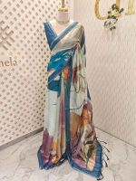 Soft silk with abstract painting-inspired digital prints all over the body and aari embroidery detailing - Image 3
