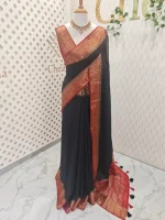 Soft silk with a plain body and traditional floral zari woven contrast border - Image 6