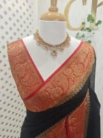 Soft silk with a plain body and traditional floral zari woven contrast border - Image 5