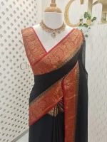 Soft silk with a plain body and traditional floral zari woven contrast border - Image 4