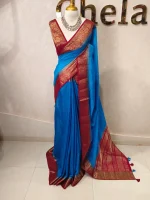 Soft silk with a plain body and traditional floral zari woven contrast border - Image 9