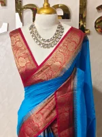 Soft silk with a plain body and traditional floral zari woven contrast border - Image 7