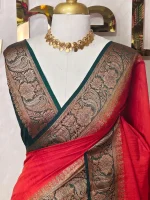 Soft silk with a plain body and traditional floral zari woven contrast border - Image 11