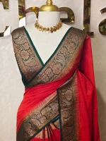 Soft silk with a plain body and traditional floral zari woven contrast border - Image 10