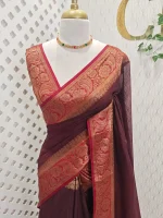 Soft silk with a plain body and traditional floral zari woven contrast border - Image 13