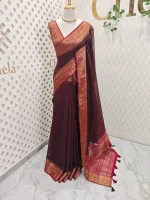 Soft silk with a plain body and traditional floral zari woven contrast border - Image 15