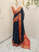 Soft silk with a plain body and traditional floral zari woven contrast border - Image 17