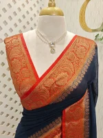 Soft silk with a plain body and traditional floral zari woven contrast border - Image 18