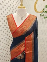 Soft silk with a plain body and traditional floral zari woven contrast border - Image 16