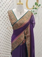Soft silk with a plain body and traditional floral zari woven contrast border - Image 19