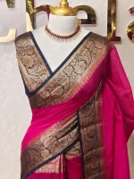 Soft silk with a plain body and traditional floral zari woven contrast border - Image 22