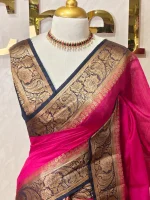 Soft silk with a plain body and traditional floral zari woven contrast border - Image 23