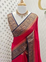 Soft silk with a plain body and traditional floral zari woven contrast border - Image 25