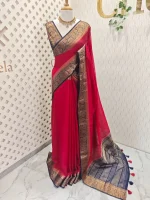 Soft silk with a plain body and traditional floral zari woven contrast border - Image 27