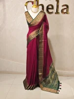 Soft silk with a plain body and traditional floral zari woven contrast border - Image 30