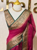 Soft silk with a plain body and traditional floral zari woven contrast border - Image 28