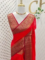 Soft silk with a plain body and traditional floral zari woven contrast border - Image 31
