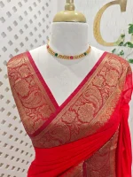 Soft silk with a plain body and traditional floral zari woven contrast border - Image 32