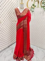 Soft silk with a plain body and traditional floral zari woven contrast border - Image 33