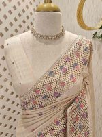 Semi-tussur with multicolour floral embroidered buttas all over the body and jali-cutwork border - Image 2