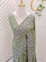 Semi-tussur with multicolour floral embroidered buttas all over the body and jali-cutwork border - Image 7