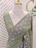 Semi-tussur with multicolour floral embroidered buttas all over the body and jali-cutwork border - Image 8
