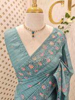 Semi-tussur with multicolour floral embroidered buttas all over the body and jali-cutwork border - Image 13